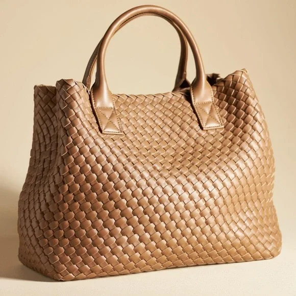Anthropologie Woven Faux Leather Tote Tan - Picture 1 of 9